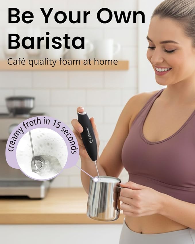 Elementi Electric Pink Milk Frother Handheld - Mini Whisk for Coffee, Matcha and Drinks - Portable Frother & Mixer with Stand (Pastel Pink)