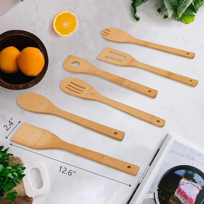 Bamboo Kitchen Utensils, 6 pcs Nonstick Spatula Tools with Handles, Heat Resistant Spatula Set, Non-stick Cooking Utensil, Premium Wooden Spoon Sets