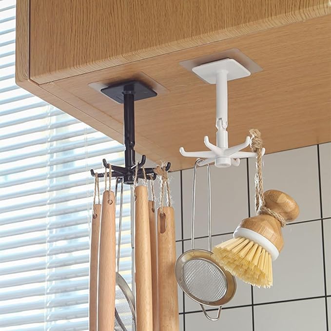 BESTOYARD 4pcs 360° Rotatable Kitchen Utensil Hooks, Under Cabinet Wall Hangers for Hanging Utensils and Masks, Black White, Space-Saving Storage for Home Kitchen Organization