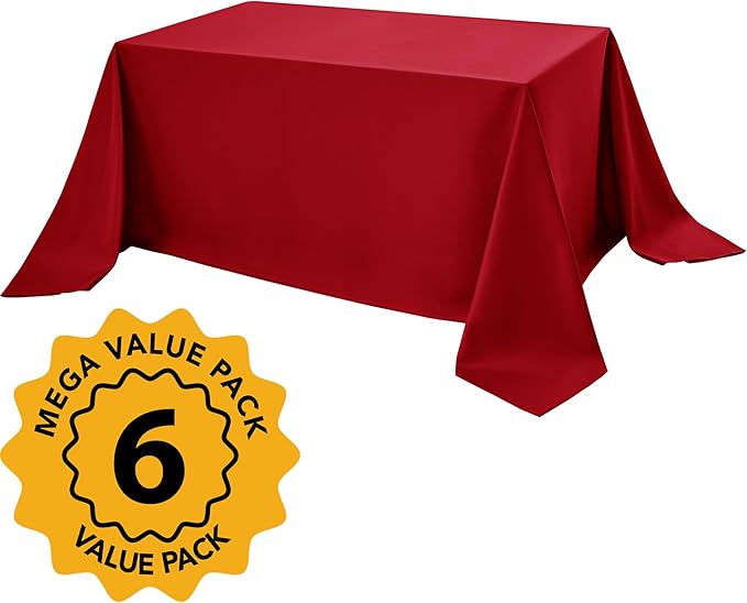 6-Pack Red Tablecloths for Rectangle Tables, 90 x 132 Inches, Stain-Resistant Polyester Fabric for 8 Foot Tables - Washable Table Covers for Weddings, Banquets, Birthday Parties, Events