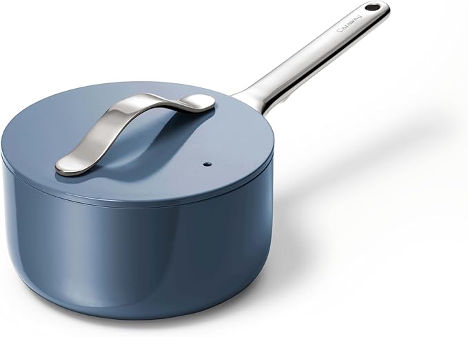 Caraway Nonstick Ceramic Sauce Pan with Lid (1.75 qt) - Non Toxic, PTFE & PFOA Free - Oven Safe & Compatible with All Stovetops (Gas, Electric & Induction) - Navy