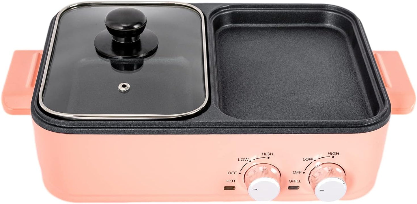 Hot Pot and Grill, 2 In 1 Electric Hot Pot Grill Cooker, Non-Stick Multi-Functional Smokeless Shabu Korean BBQ Pan Indoor with Dual Temperature Control, Capacity for 2-4 People