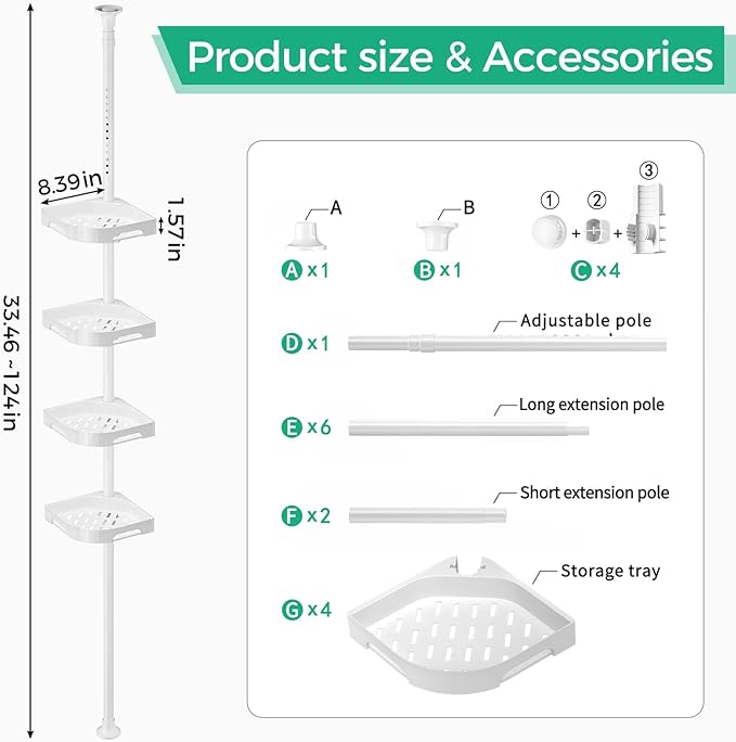 shuang qing 4-Tier Corner Shower Caddy Tension Pole Organizer - Adjustable Rustproof Metal Tension Pole, Plastic Shelves with Safety Guardrail, Bathroom Storage for Shower & Bathtub(White)