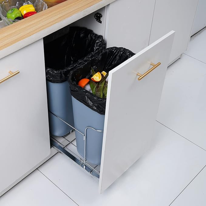 VEVOR Pull-Out Trash Can, 35L Double Bins, Under Mount Kitchen Waste Container with Soft-Close Slide and Door Mounting Kit, 110 lbs Load Capacity Heavy Duty Garbage Recycling Bin for Kitchen Cabinet