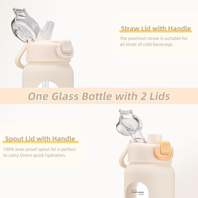 chunmo 24 oz Glass Water Bottles with 2 Lids-Handle Spout Lid & Straw Lid, Motivational Water Bottle with Time Marker and Silicone Sleeve,Leakproof-White-1 Pack