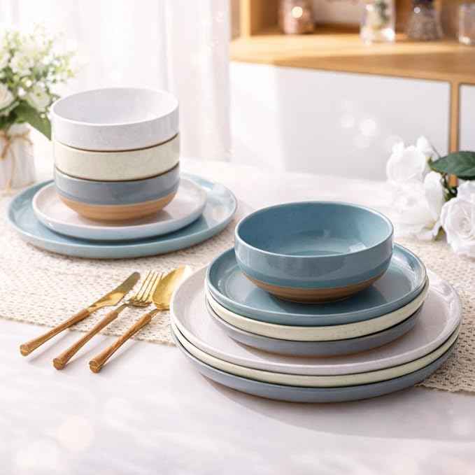 AmorArc Ceramic Dinnerware Sets for 8, 24 Pieces Handpainted Plates and Bowls Set with Rustic Terracotta Underside, Scratch Resistant Stoneware Dishes Set, Dishwasher & Microwave Safe, Multi-Color