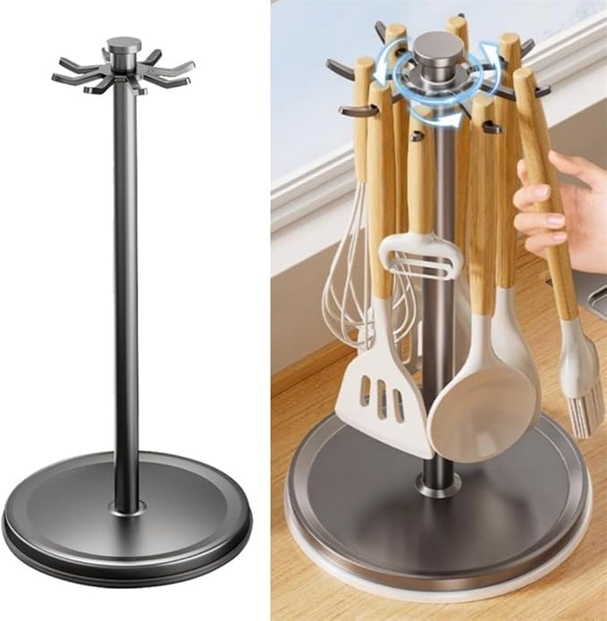 Rotatable Hanging Organizer with 8 Hooks for Kitchen Utensils, 360 Degree Swivel Countertop Holder for Cooking Tool Storage (Black)