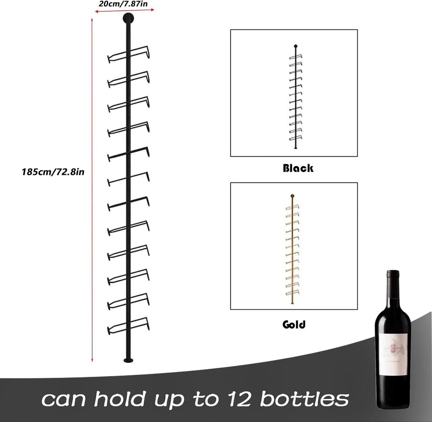 Wine Rack Wall Mounted, 72.8in High Metal Wine Bottle Holder for 12 Bottles, Kitchen Organization and Wine Storage for Commercial Restaurants Pantry Bar Wine Cellar (Gold, One row-12 Bottles)