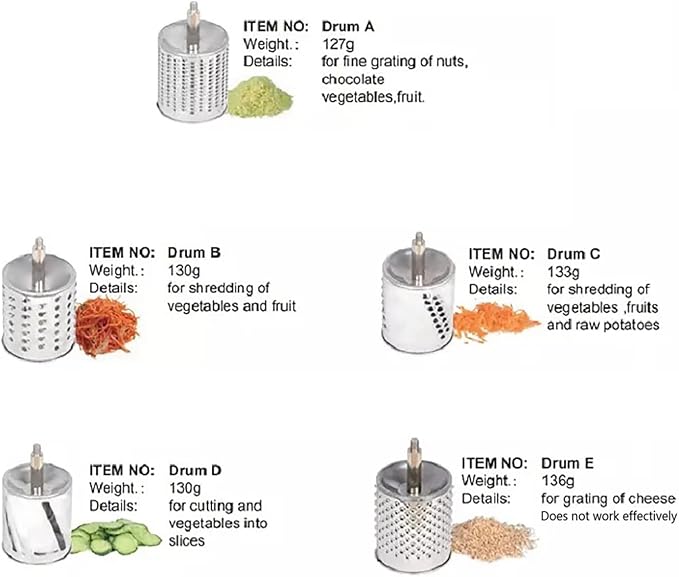Rotary Cheese Grater Vegetable Potato Slicer Upgrade Stainless steel Rotary Handheld Grater Food Grater with 5 Blades for Vegetable Chesse Chocolate