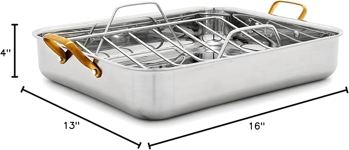 GreenPan Reserve 16" x 13" Tri-Ply Stainless Steel Roasting Pan with Roaster Rack, Multiclad Cookware, Induction Suitable, Gold Stainless Steel Handles, Dishwasher & Oven Safe, Silver