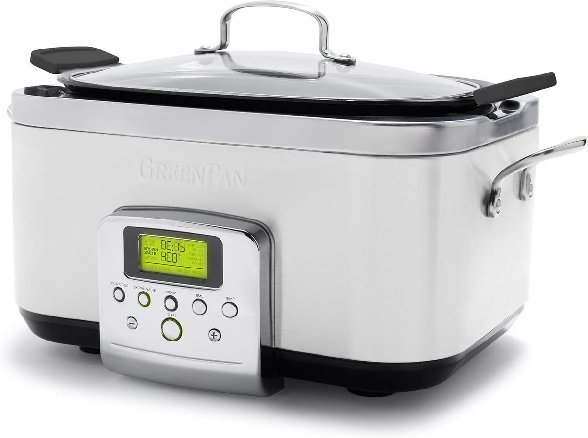 GreenPan Elite 8-in-1 Programmable 6QT Electric Slow Cooker, Dishwasher Safe Lid & Removable Crock, PFAS-Free Healthy Ceramic Nonstick Multi-Cooker, Sear, Sauté, Brown, Steam Basket, Roast, White