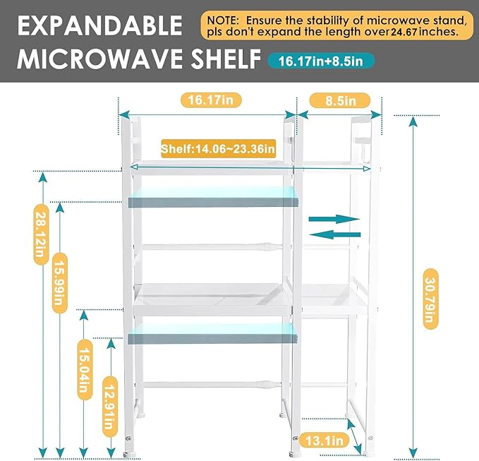 DOLALIKE Microwave Oven Rack, Expandable Microwave Stand Kitchen Countertop Organizer Utensils Storage, Carbon Steel Over Microwave Shelf with 3 Hooks (White, 3 Tier)