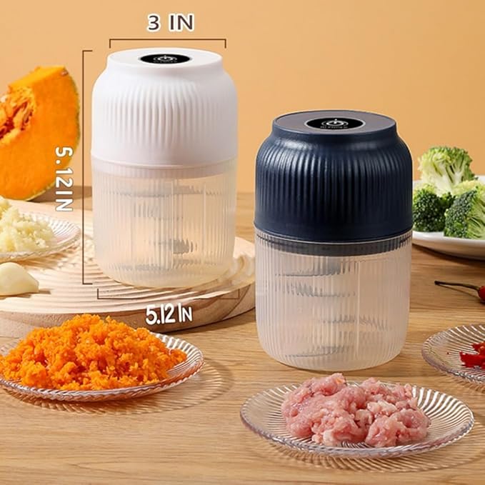 300ML USB Rechargeable Electric Garlic Chopper, Mini Portable Veggie Cutter with Eggbeater&4/6 Knife Heads, Veggie Chopper with Container and Lid, Vegetable Crusher (Blue A)