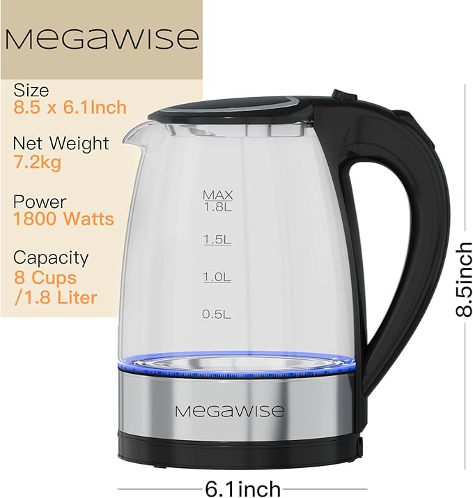MEGAWISE 1.8L Electric Kettle CX-817 - Fast Boil, Auto Shut-Off, Boil-Dry Protection, (1.8L)