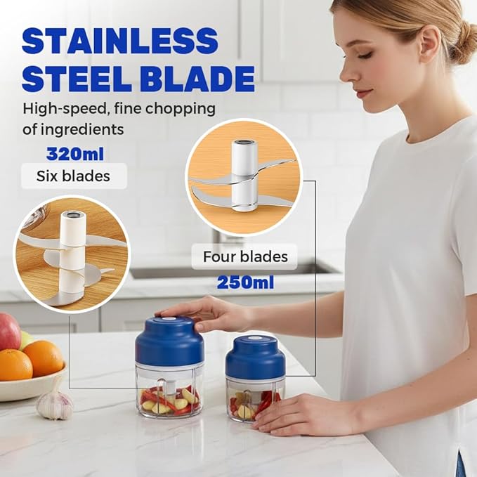 Electric Garlic Chopper, 2026 Upgraded Food Processor, USB Rechargeable Portable Wireless Veggie Chopper with 6 Stainless Steel Blades for Garlic Onion Chili Nuts Meat (blue, 250ml)
