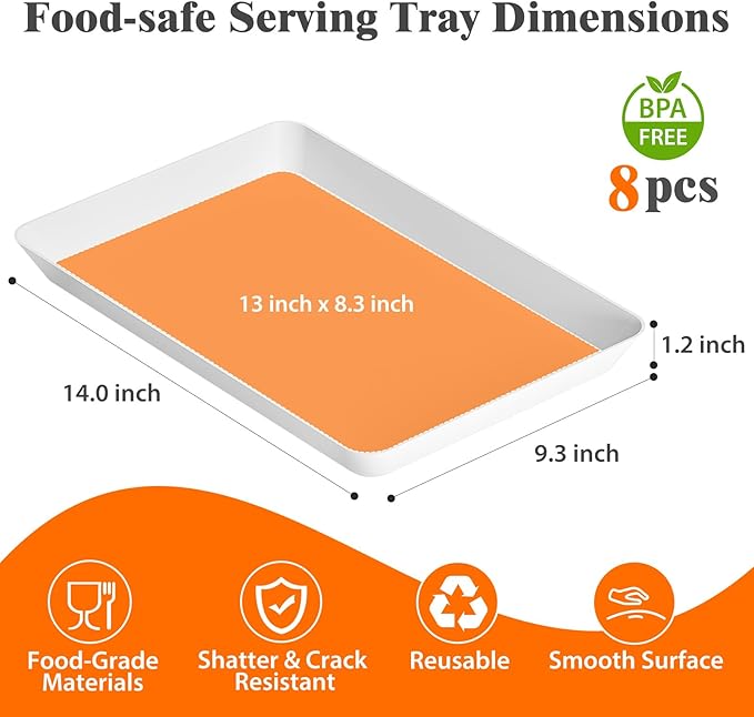 SpaceTrove 8-Pack Serving Tray Set, Reusable Plastic Serving Platter for Party Supplies, Entertaining, Grilling Accessories, Stackable Kitchen Snack Box Container for Dessert, Fruit, Cookie, (White)