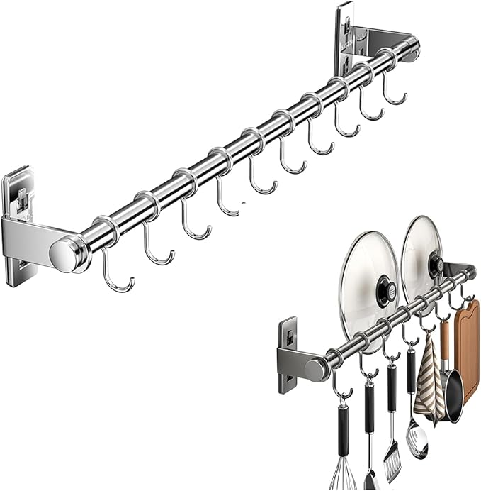 Hanging Wall Mount knife Wall Mount, Kitchen Organizer Storage Shelf for Utensils Spatula Spoon, Space-Saving Knife Rack with Hooks,Wall-Mounted Utensil Holder (Grey, 50CM+Single Pole+8Hooks)