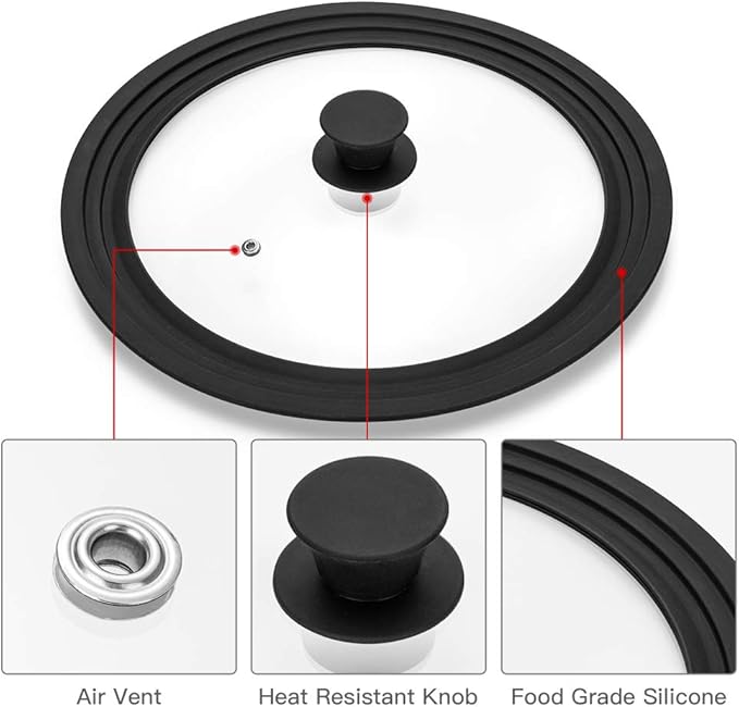 Universal Lid for Pots,Pans and Skillets - Tempered Glass with Heat Resistant Silicone Rim Fits 8", 8.5" and 9.5" Diameter Cookware,Black