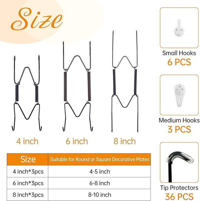 Bilillo 9-Piece Stainless Steel Wall Plate Hangers, 4/6/8 Inch Invisible Decorative Wire Plate Holders with 9 Pieces Wall Hooks for 4 to 10 Inch (Black)