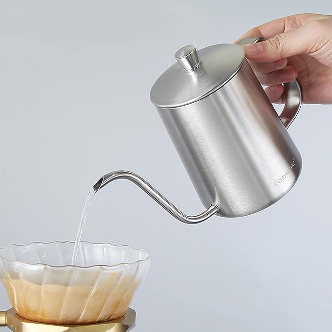 Easyworkz Nando French Press 34 oz, Bundled Gage Gooseneck Pour Over Coffee Kettle 12 oz Stainless Steel Hand Drip Long Narrow Spout, Silver