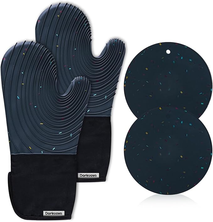 Silicone Oven Mitts,Cotton Lined Gloves, BPA-Free, Long Cooking Mitts and Trivet Mats, Oven Mitts Set for BBQ, 4 Pieces (Dark Grey)