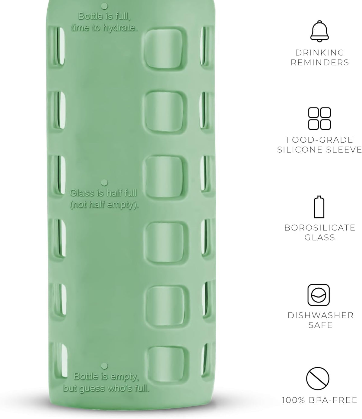 purifyou 40oz / 32oz / 22oz / 12oz Borosilicate Glass Water Bottle with Time & Volume Markers, Silicone Sleeve, Stainless Steel Lid – Reusable Glass Bottle for Water & Juice (12oz Shale Green)