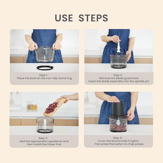 olayks Food Processor, Electric Meat Grinder with 4 Stainless Steel Blades, 1.2L Food Chopper Small Grinder Meat Processor with 2 Speeds for Vegetable, Fruits, Baby Food, Meat, Garlic, 5 Cups