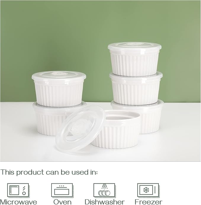 DOWAN Ramekins with Lids 6 oz Oven Safe, Creme brulee Souffle Dishes Ramekin with Covers, Porcelain Bowls for Baking Custard Cups, Set of 6, White