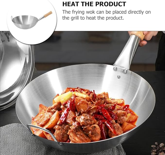Wok Pan Stainless Steel Stir Fry Pans Wok Frying Wok Pan Induction Stove Wok with Wood Handle Cooking Skillet Cookware for Gas Induction or Electric Stove Wok