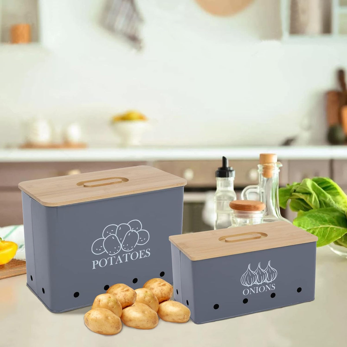Potato Onion Storage Box, Food Container Sets, Storage Canisters for Vegeatables, Set of 2 Jars Pots Containers, Potato & Onion Bin with Aerating Tin Storage Holes & Bamboo Lid-Gray
