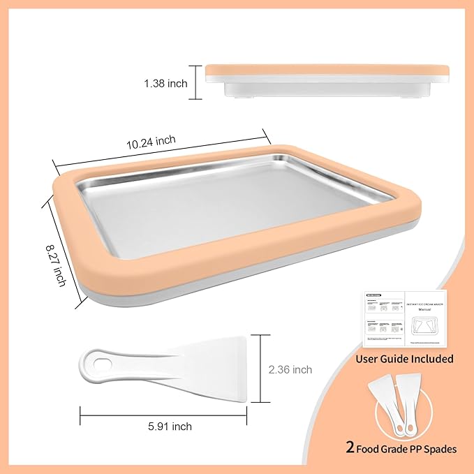 Instant Ice Cream Maker, Rolled Ice Cream Maker, Instant Gelato Pan/Roll, Homemade DIY, with 2 spatula, Frozen Yoghurt Plate Mini Freezer Kit Machine Peach Fuzz