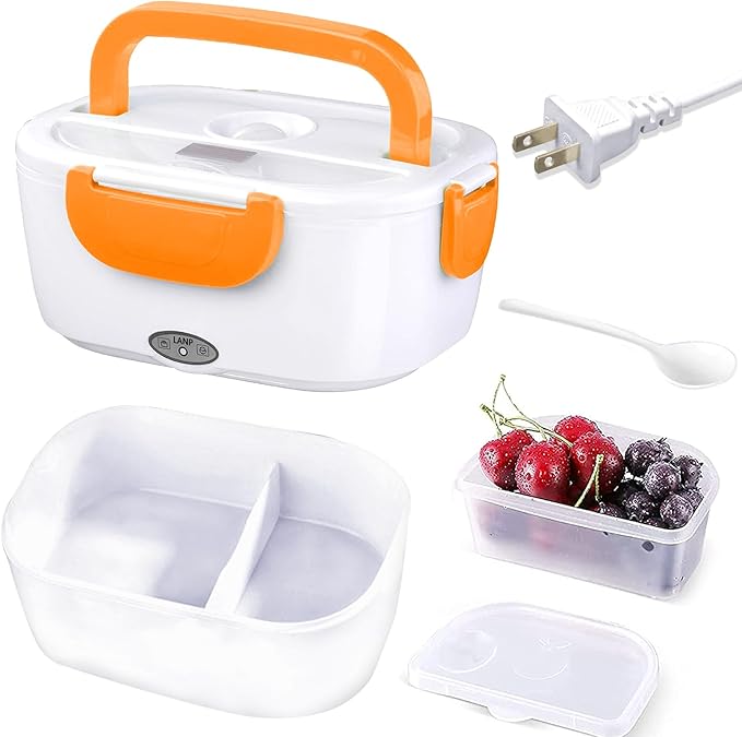 INVODA Electric Lunch Box 110V Food Heating Lunch Hot Box Portable Insulated Bento Box Electric Lunch Container for Office Travel Home (Orange)