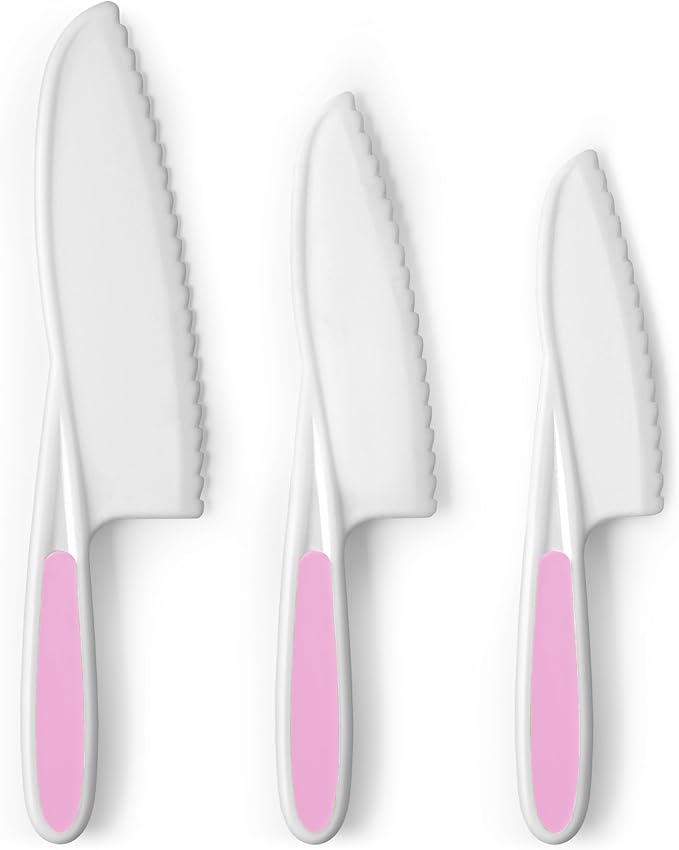 Zulay 3-Piece Kids Knife Set for Real Cooking & Baking - Toddler Knives for Cutting Fruits, Veggies, & Cake - Children’s Montessori Knife with Serrated Edges - Safe & Fun Lettuce Knife (Pink)