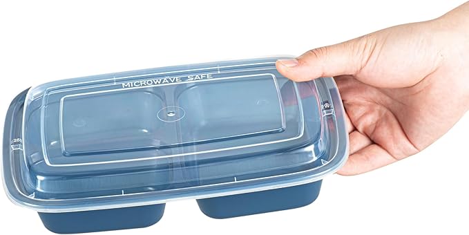 Asporto 26 Ounce Compartment Take Out Boxes, 100 Microwavable Meal Prep Containers - 3 Compartments, With Clear Plastic Lids, Midnight Blue Plastic Food Containers, Do Not Contain BPA - Restaurantware