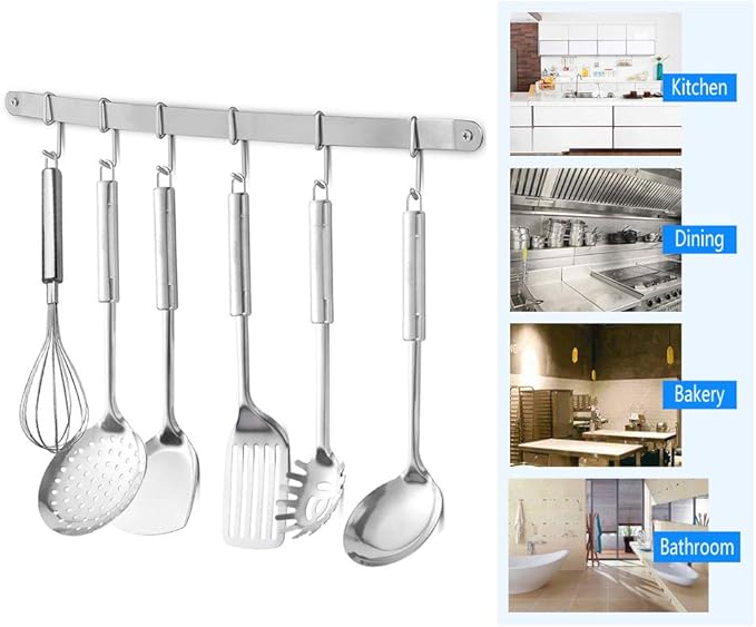 Stainless Steel Kitchen Utensil Racks Holder Hanging Rail Organize Pots Pans Kitchen Knife Gadgets On Wall Mounted Hanger Bar Rail Under Cabinet Shelf (6 Hook,17")