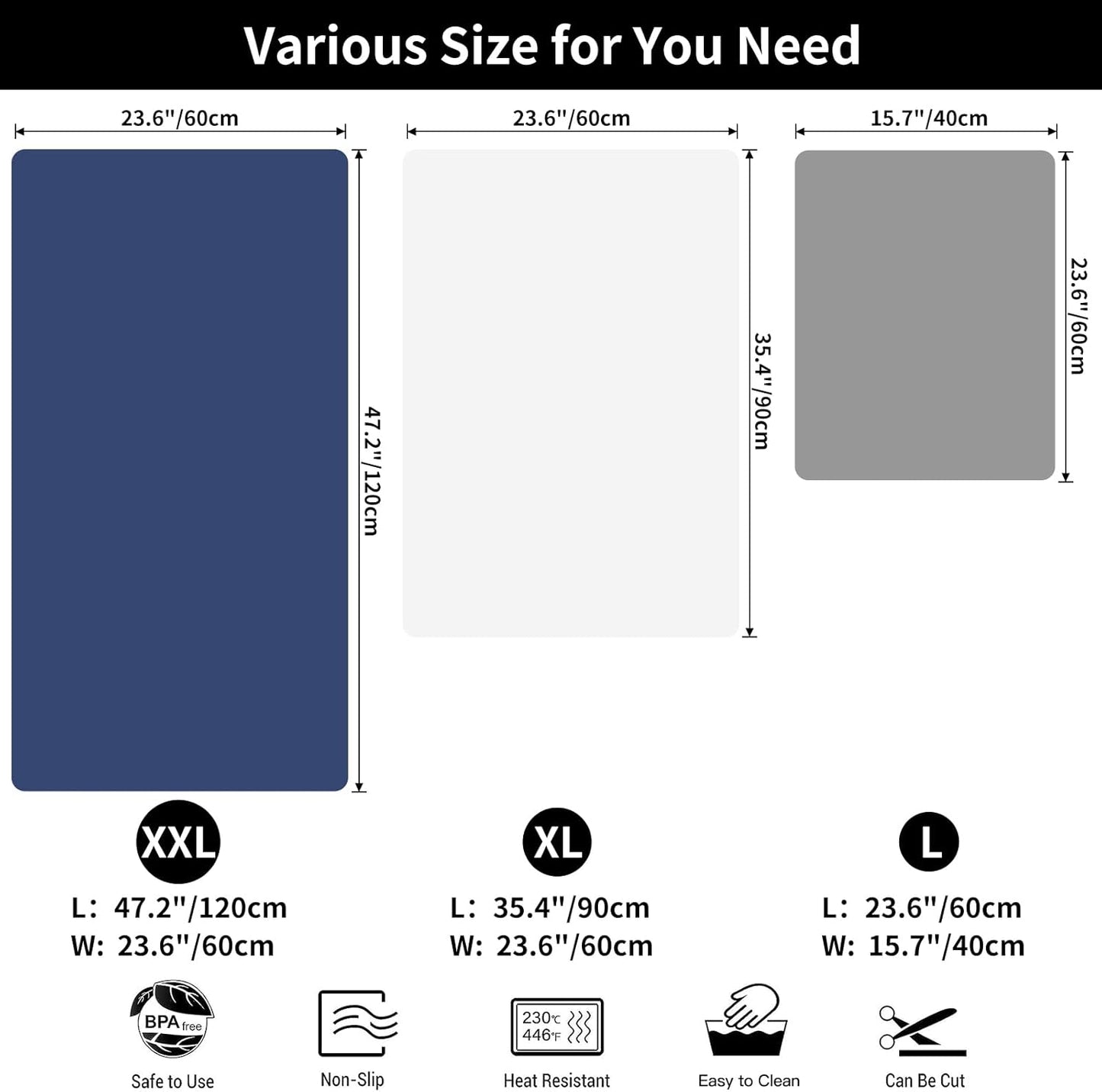2MM Extra Thick Silicone Mats for Kitchen Counter (47.2"x23.6"x0.08"), Kitchen Island Largest Heat-Resistant Mat, Thicker Non-slip Desk Protect Mat, Multipurpose Countertop Protector, Dark Gray