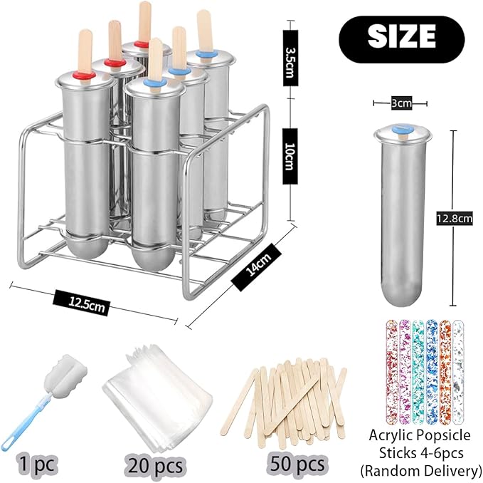 Set of 6 Stainless Steel Popsicle Molds Kit, Metal Popsicle Moulds,Homemade Ice Treat Makerwith 50 Wooden Sticks and 6 Silicone Seals and 20 Pop Bags,Cleaning Brush(Round)
