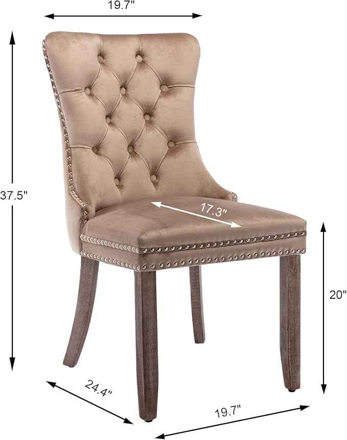 Upholstered Dining Chairs Set of 2, Velvet Dining Room Chairs with Back Ring Pull Trim and Solid Wood Legs, Tufted Wingback Kitchen Chair Perfect for Dining Room,Living Room,Kitchen(Khaki)