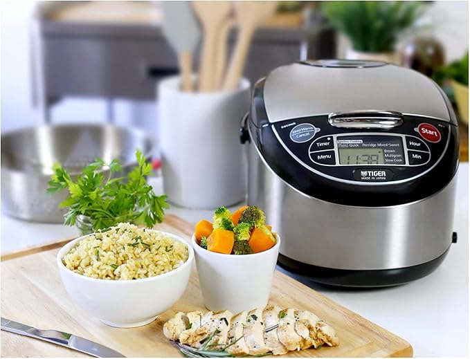 TIGER JAX-T10U-K 5.5-Cup (Uncooked) Micom Rice Cooker and Warmer with Tacook Food Steamer Cooking Tray Technology and 10 Auto-Cook Settings, Stainless Steel Black
