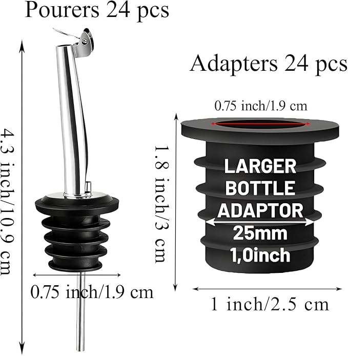 24-Pack Auto Flip Liquor Bottle Pourers with Adapters, Liquor Pour Spout Adapters set for for Large Olive Oil Bottles and Liquor Bottles - Up to 1 Inch/25mm Neck Converts Spout into Large Pour Spout