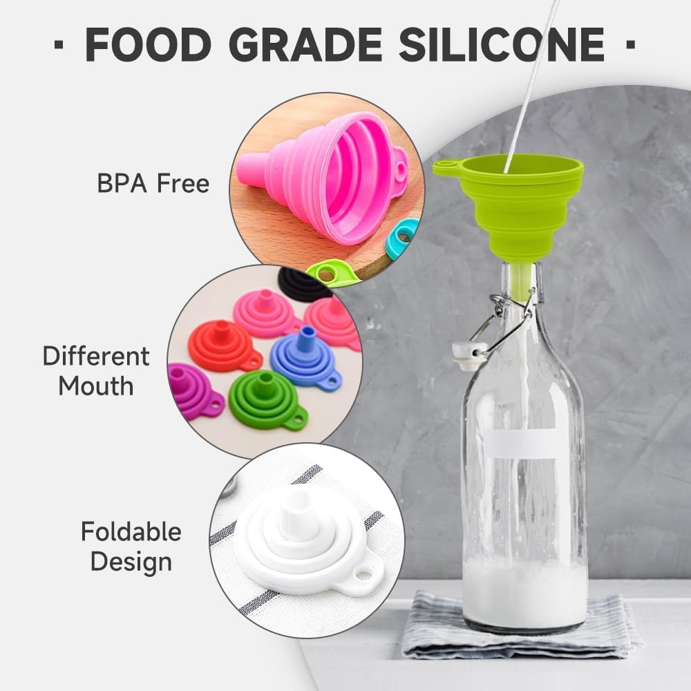 Kitchen Funnel Set, 2025 Upgrade Silicone Collapsible Funnel Silicone Collapsible Food Funnels for Kitchen 3 Sizes Funnels for Home Use Filling Bottles Daily Cooking (Black, 2Set 11+14+20g)