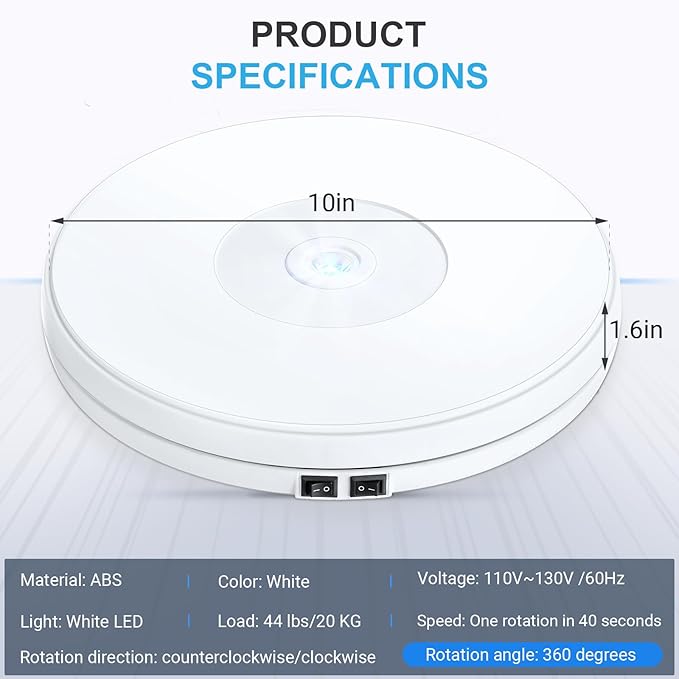 Tuanse 10 Inch Electric Motorized Rotating Turntable Cup Display Stand with LED, 44 lb Centric Loading for Table, 360 Degree Product Display Stand for Shop Jewelry Photography Video(White)