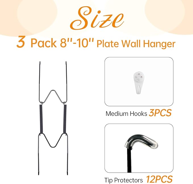 Bilillo 3 Pack Plate Hangers for The Wall, Suitable for 8''-10'' Decorative Plate,Invisible Heavy Duty Wire Plate Holder with Wall Hooks, Plate Hangers for Displaying Plates, Platter, Dish (Black)