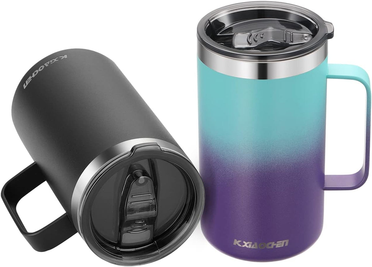 KXIAOCHEN 20oz Insulated Coffee Mug with Lid, Stainless Steel Coffee Cup, Double Wall Vacuum Coffee Tumbler with Handle, Premium Thermal Travel Coffee Mug (Black Purple 2Pack)