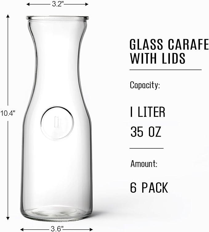 Set of 6 Glass Carafe with Lid, 1 Liter Beverage Serveware Carafe, Clear Glass Pitcher for Mimosa Bar, Brunch, Cold Water, Juice, Milk, Iced Tea, Lemonade