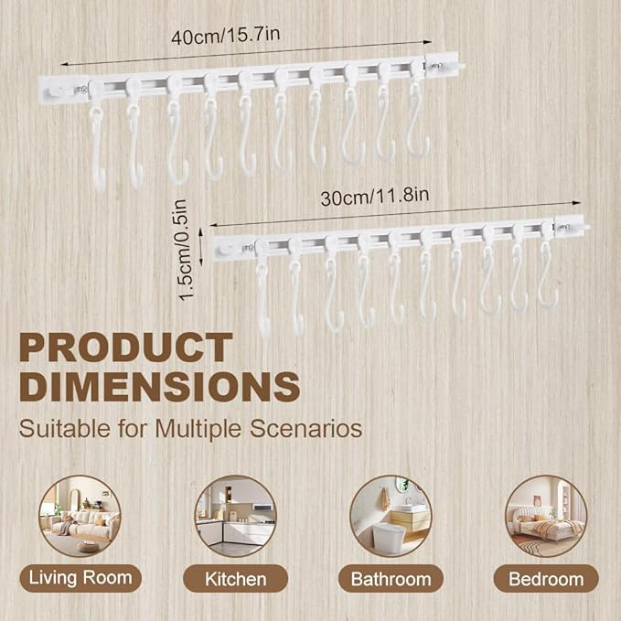 Multifunctional Slide Rail Hook,Kitchen Utensil Hanging Rack Wall Mounted Hanger,Space Saving Utensil Holder with 10 Hooks ,Sliding Track Hook No Drilling Hanger for Home Office (Length 30cm/2pcs)
