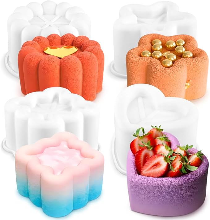 4pcs Nonstick Silicone Molds for Baking Supplies, Square Star Heart Flower Cake Mold Silicone Cake Molds for Pudding Mousse Chocolate Jelly Muffin Bread Cheesecake Baking Pan Fancy Cakes Pastry Mould
