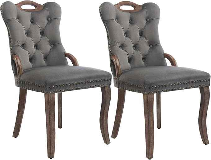 Grey Velvet Dining Chairs Set of 2，Modern Upholstered Dining Room Chairs with Tufted Back and Wood Handles, Curved Solid Wood Legs, Sillas de Comedor