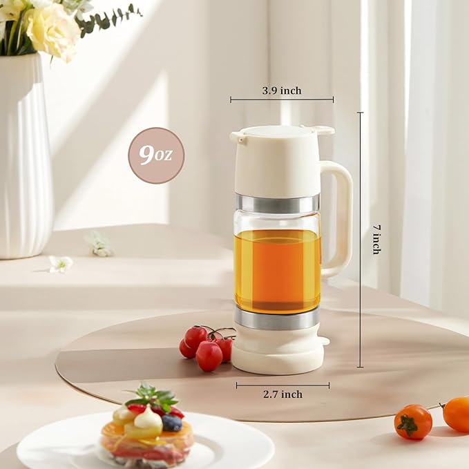 Aelga Honey Dispenser, Honey Dispenser No Drip 9 oz Glass Honey Jar with Handle & Base, Easy Pour Syrup Dispenser, No-Mess for Coffee, Tea, Waffles & Desserts, White