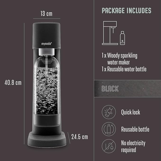 Mysoda Woody Sparkling Water Maker - Silent Carbonated Water Machine Robust Long-Lasting Aluminium Soda Maker - With 1L Water Bottle - Without CO2 Cylinder - Black